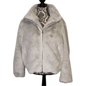 Magaschoni Boutique Fluffy Soft Faux Fur Gray Zip Front Jacket -‎ Size L